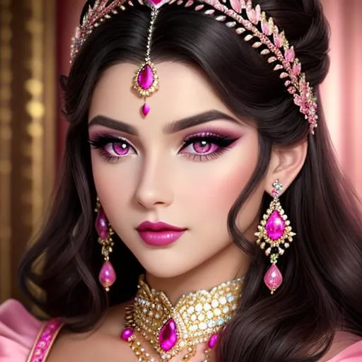 Prompt: a realistic feminine elegant princess ,  dark hair, large pink eyes, wearing jewels in her hair,  beautiful makeup, pink eyeshadow, dark pink lipstick, facial closeup