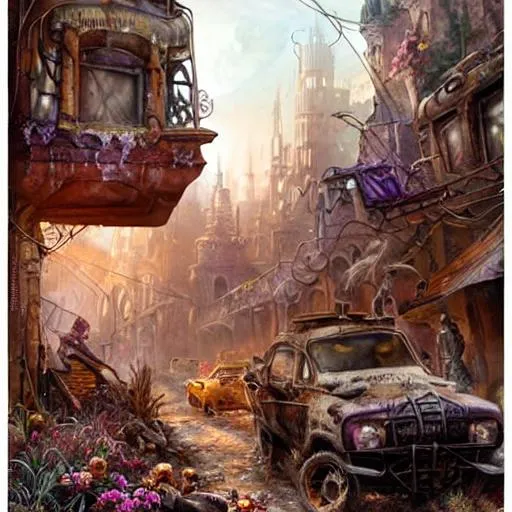 Prompt: style of Josephine Wall, hundred years deserted city, in the future,  rusted vehicles, ghostly buildings, a lot of vegetation,  sharp focus, in the style of Josephine Wall, ultra-fine details, cinematic lighting, 4k | oil painting illustration, digital painting, scenic, wlop, artgerm, vastly ornate detailed background, 