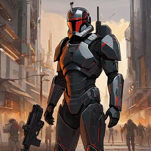 Prompt: Whole body. Full figure. Star wars sith empire black armor trooper. In background a scifi ruined city. Rpg art. Star wars art. 2d art. 2d. Well draw face. Detailed. 