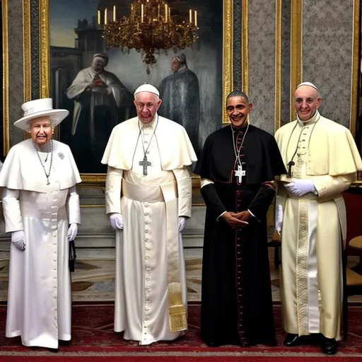 Prompt: the pope hanging out with queen Elizabeth and Barack Obama, gang shit, thug life, epic photo, ultra realistic 
