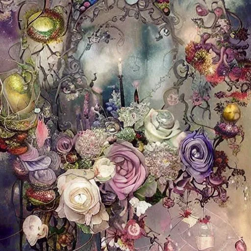 Prompt: painted still life beautiful flowers by ambrosius bosschaet!!!!!, floating in the sky, daniel merriam art, muted colors, hyper realistic soft focus feathers, fantasy steampunk, spiral staircase, vintage pocketwatch, ambrosius bosschaert art, iridescent water drops, crystal chandelier drops, glitter sparkles, infinite depth, incredibly detailed, ultra realistic, high index of refraction, hyper realistic elegant smooth sharp clear edges, sharp focus, wide angle perspective, ultra realistic, sense of high spirits, volumetric lighting, occlusion, Unreal Engine 5 128K UHD Octane, fractal, pi, fBm