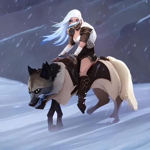 Prompt: Blonde haired woman with a mask covering her face riding a wolf through the snow