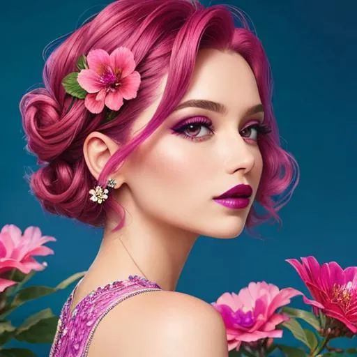 Prompt: a beautiful woman , lots of pretty magenta flowers, magenta hair, magenta lips