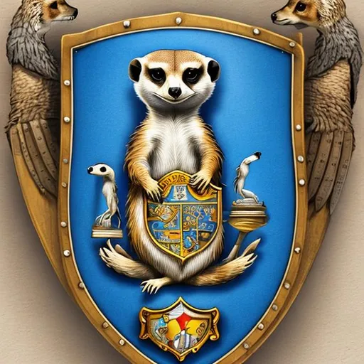 Prompt: Coat of arms, meerkat support, shield blue, coins, eye