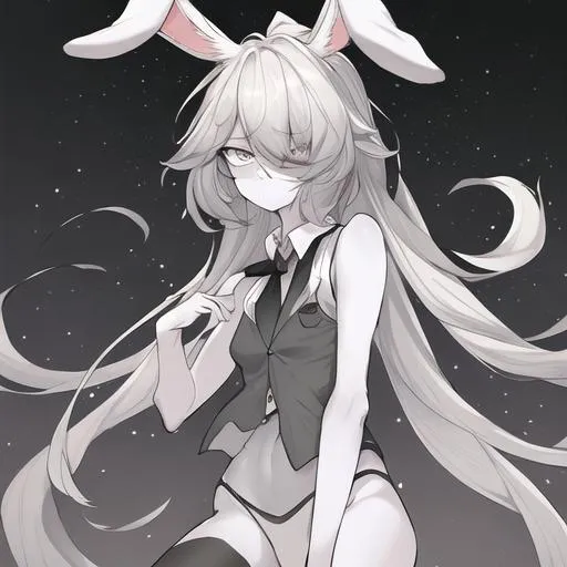 Prompt: Your OC is a lanky withered bunny, with gentle charcoal eyes. They identify as female, and have a soft voice. As an accessory, they have stars, and they can be seen wearing a vest.