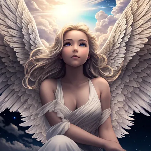Prompt: vast scenic view,

A girl looking forward and to the side, low angle view

masterpiece best quality hyperdetailed, a girl looking up into the the eyes of an angel floating, wings made of clouds coming from her back, comets crossing the universe background, detailed white angel, with wings sprouting from her back, detailed short blonde hair in wind,

masterpiece best quality hyperdetailed intricate megastructure landscape,

precise brush strokes, precise brush outlines,

digital contrast symmetrical impressionist painting,

album cover art, wallpaper art, anime art, clean art, digital art, 64K resolution, illustration, vintage show promotional poster, vibrant, panoramic, cinematic,