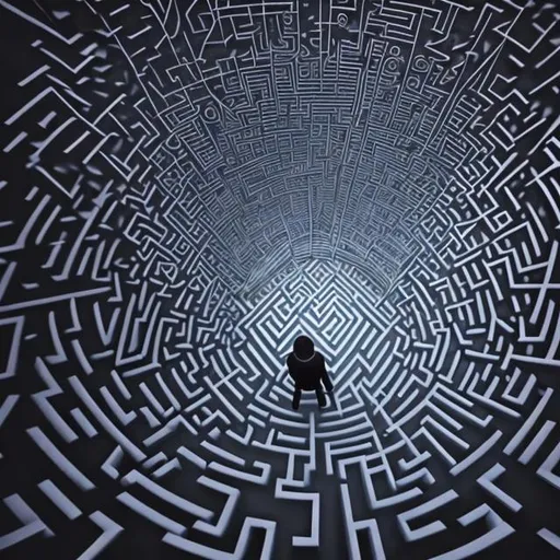 Prompt: A person lead down a dark maze