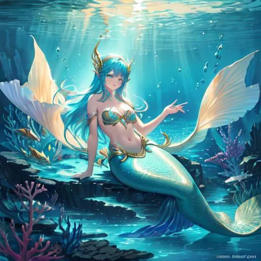 Prompt: Underwater scene featuring a beautiful mermaid/siren, ethereal lighting, vibrant colors, intricate tail design, fantasy-inspired setting, mesmerizing pose, digital painting by (artist), high resolution,