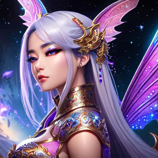 Prompt: Sci-fi, fantasy, Clear, high resolution, 8k, of a futuristic, beautiful Asian female dragon fairy with scales. bloody, sadistic, detailed intricate fantasy background. clear eyes. Crisp image, extremely detailed face. Hyper realistic eyes. Detailed hands. Splash art. Colourful, 