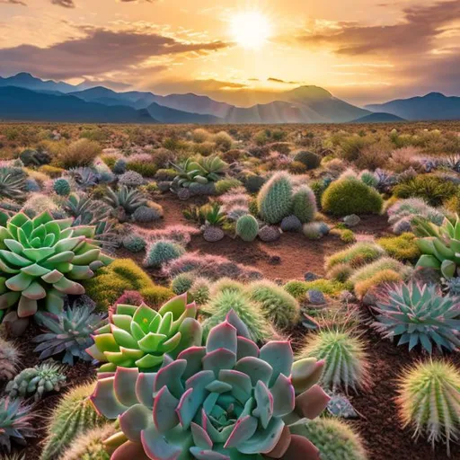 Prompt: Long shot scenic professional photograph of a semi-arid field of flowering succulents, perfect viewpoint, highly detailed, wide-angle lens, hyper realistic, with dramatic sky, polarizing filter, natural lighting, vivid colors, everything in sharp focus, HDR, UHD, 64K