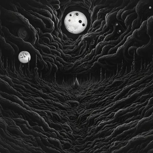 Prompt: Dark space landscape void filled with dread, Junji Ito style, detailed cosmic horror, high detail, black and white, eerie lighting, surreal void, haunting atmosphere, intense shadows, unsettling shapes and forms, best quality, highres, ultra-detailed, cosmic horror, Junji Ito style, dark tones, surreal, eerie lighting