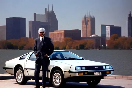 Prompt: John DeLorean standing next to a 1983 DMC DeLorean car against a background of Detroit with the Renaissance Center displayed prominently. 
