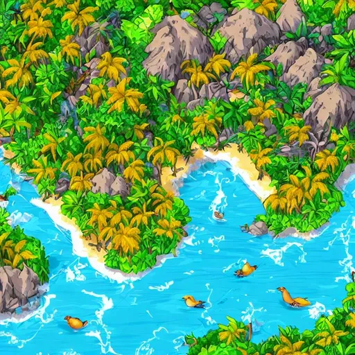 Prompt: A bird’s eye view of a tropical island in a 2d art style