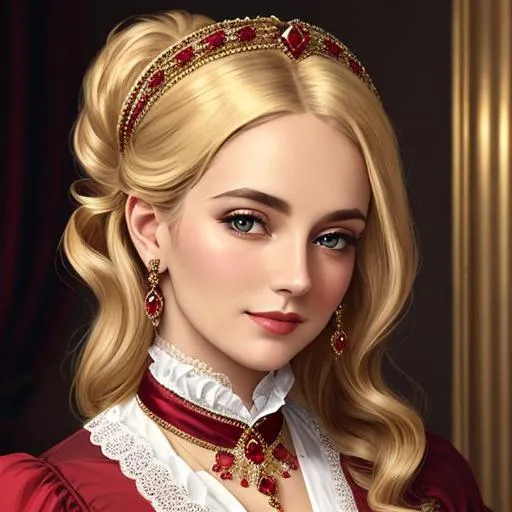 Prompt: Wealthy, stylish lady of the Victorian era, blonde hair, wearing ruby and gold jewelry, wearing ,facial closeup