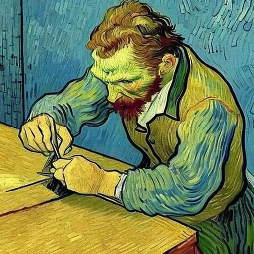 Prompt: Vincent Van Gogh cutting of his ear
when he cut of his own ear