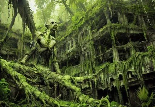 Prompt: humanoid ghoul creature, eerie mutant, decaying, rotten skin, ragged clothes, dirt, multilayered,, old apocalyptic city wasteland overgrown by oppressive huge forest, vines, plants and roots growing, cracking through walls, 3d render,  high detail,