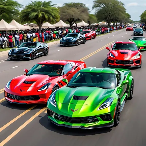 Prompt: Red 2024 corvette, Black corvette, and Green Corvette all driving by African. In an African parade setting