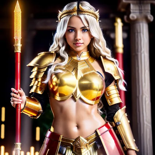 Prompt: full body of cute young photographic half-breed girl with fringed pale blonde brown hightlight hair in wet and oily with gold and red crytals half-armor, light red eyes, goddess, symmetrical face, sharp focus, hyperfine details, photographic lighting, 64k, UHD, detailed geek athena temple neons background, cinematic, hyperrealistic, studio photo, intricate details, hyper detailed, photographic detail, leggy, perfect composition, unreal engine 6, octane render, Canon R5, high details white skin, detailed face, detailed hair, sunny day, small tattoo, RTX on, 