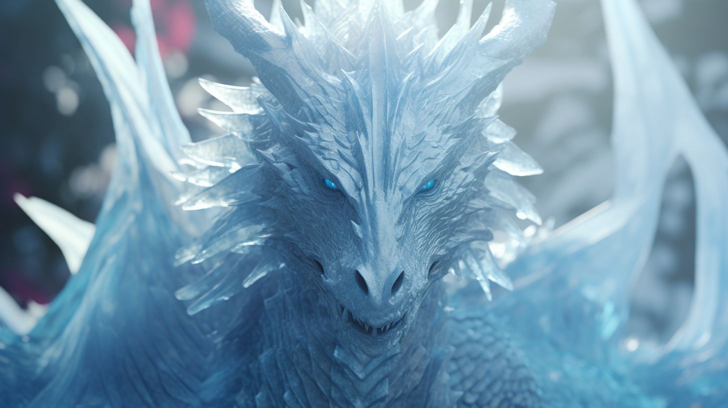 Prompt: a terrifying ice dragon, white scales with ice horns and talons, white diamond eyes, breathing blue ice from his mouth, beautiful reflective scales, imposing, focus on full body --c 2 --v 5.2 --ar 16:9