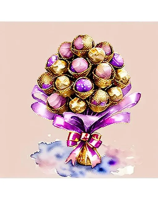 Prompt: cute, watercolour art style, impressionism art style,  ferrero rocher bouquet, pink, violet, gold colour, ribbon with bow around the bouquet