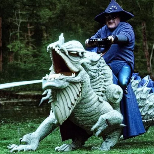 Prompt: Danny Devito riding a dragon into battle