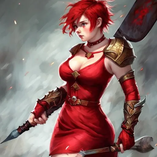 Prompt: red dress, short Crimson hair, spear, realistic face, chubby