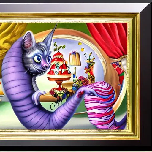 Prompt: alice in wonderland sitting at a grand piano bright and colourful Cheshire cat and smoking caterpillar surrealist oil painting