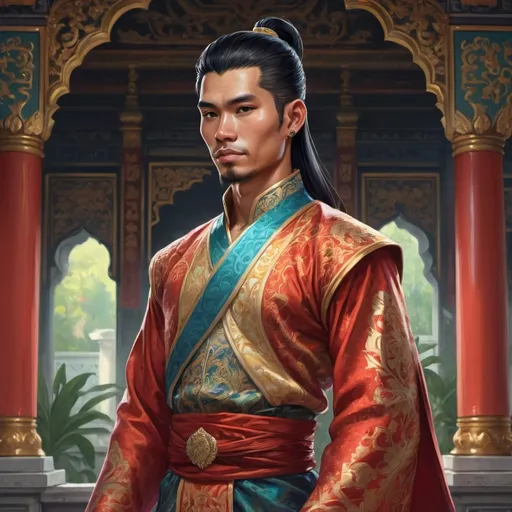 Prompt: Full body, Fantasy illustration of a male malayan noble man, 28 years old, proud expression, rich and colorfull traditional garment, fancy beart, black hair, high quality, rpg-fantasy, detailed, malayan palace background