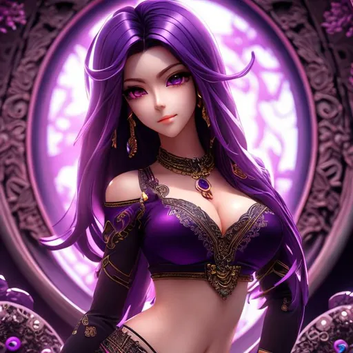 Prompt: anime style, full body, female model, shapely body, standing in temple, Oni, long hair, dark purple hair, Detailed Face, intricate eyes, purple iris, Perfect anatomy, showing skin, Japanese, shadows, extremely high detail,  midriff, deep cleavage, 