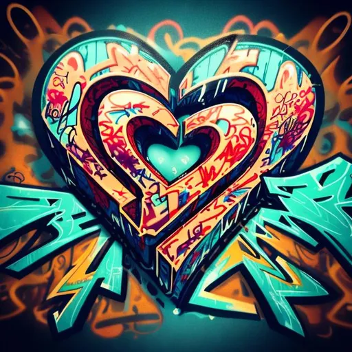 Prompt: heart with a lettering on it which says my favorite, fish eye view, 3d rendered, graffiti style, colorful