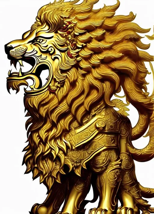 Prompt: A golden Lion. Temple Guardian. Deity. Demi-god laughing. Covered in golden and red ornate garments. 
  