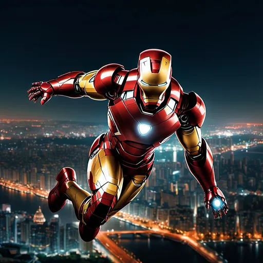 Prompt: Iron Man flying over a cityscape at night.