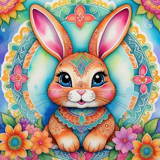 Prompt: Kawaii, watercolor, bunny, flowers, decorated with Henna art inspired patterns, embellishments and Flourishes, bright vibrant colors, Highly detailed, popping vibrant colors, Gradient Colors, Intricate details, Highly textured, spiritual symbols of mandalas with Hindu, Buddhist, Jainism, Shinto, Bengali, Celtic, and Arabic geometric and whimsical patterns