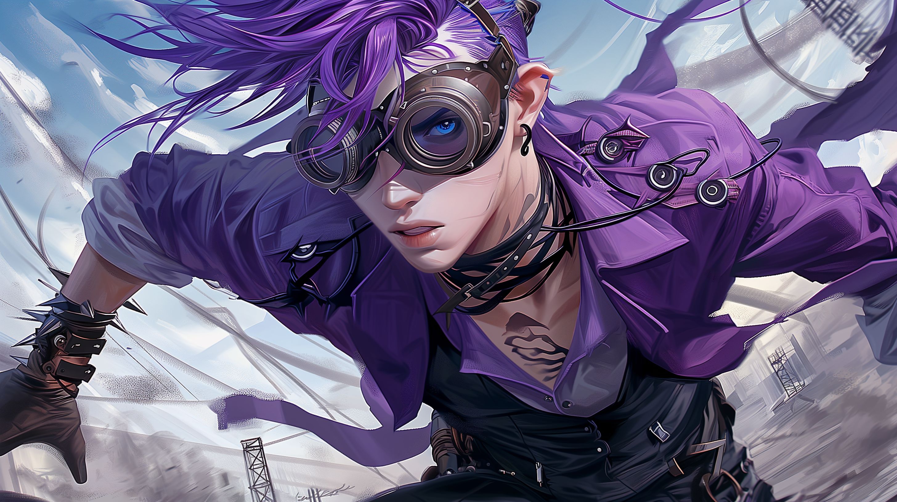 Prompt: in genshin impace style, A handsome young skinny man with blue eyes, purple half shaved hair, steampunk goggles on his head, purple dress shirt open with bandages under it, black spiked collar/braclets, heavy black eyeliner, dynamic pose, running headfirst into the cold, gritting the pain on his face --ar 16:9 --iw 1.2 --v 6.0