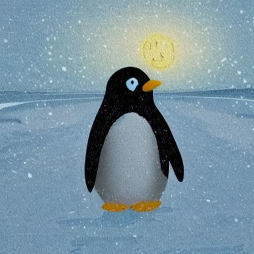 Prompt: draw a little baby emperior penguin walking alone in the snow with the sea at background with anime style.
The penguin´s body is gray light with the head black, her eyes are white and the penguin feels sad
