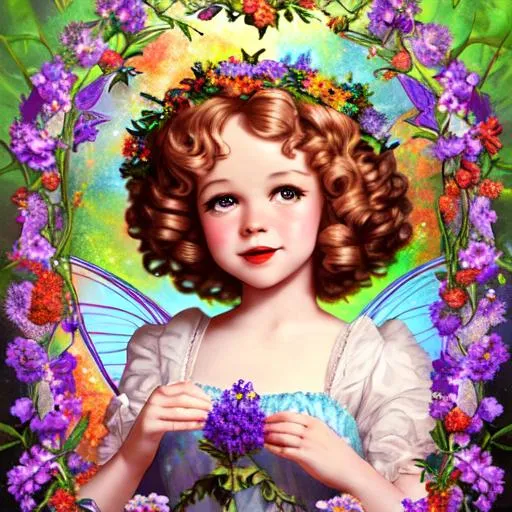 Prompt: yoing Shirley Temple as a fairy goddess of aummer,wildflowers, closeup