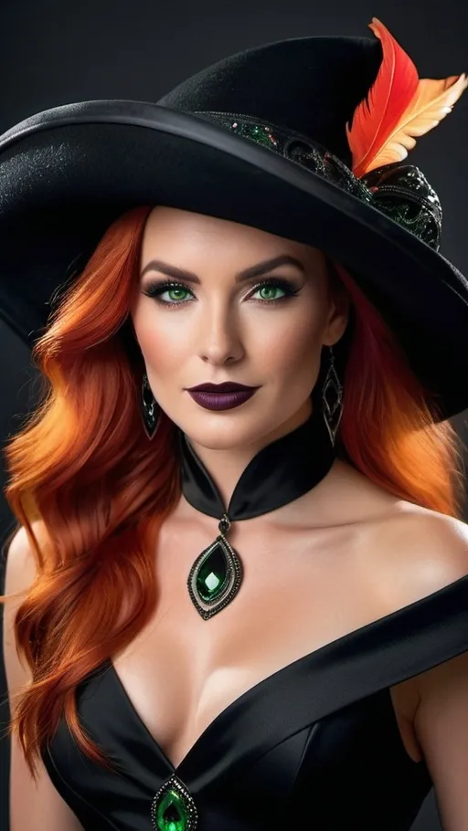 Prompt: Beautiful Eurasian sorceress, thick flame red hair, green eyes, dark eyebrows, light makeup, ((low-cut black dress with lapels, black skimmer hat)), fine bone structure, hourglass figure, obsidian jewelry, bosomy physique, black makeup, gray background, sinister smile, intense gaze, 8k photo, detailed, elegant, glamorous, portrait, high fashion, realistic, soft lighting, vibrant color tones, graceful pose, professional photography
