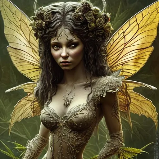 Prompt: Intricately detailed beautiful fairy goddess of the marijuana harvest hyper realistic extremely detailed dark cinematic in the style of boris vallejo