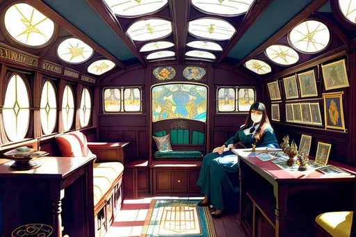 Prompt: [two point perspective][full length portrait; interior]
seated across the rune-covered table of her shadowy arts-and-crafts-styled sleeper-car school bus conversion is Morgan, corpulent Oracle of Limbo, explaining your fortune in the arcane spread of antique Tarot cards laid out before you.
Alphonse Mucha, Maxfield Parrish, Edward Hopper, J C Leyendecker, N C Wyeth.
