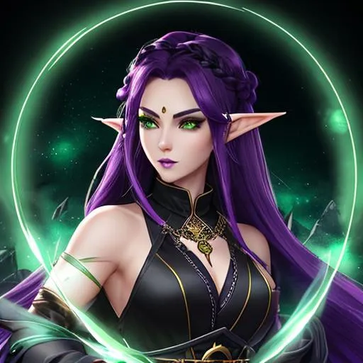Prompt: green skinned female elf mage, dark purple v-cut dress with trimmed golden trim, dark goth makeup, wise face, long white braided hair, heavy thick black eyeliner, necklace made from tiny skulls, dnd character art style, stormy background, cool lighting scheme, by Hyung-tae Kim and Krenz Cushart and artgerm on artstation, full portrait view, d&d, dnd, dungeons and dragons, head shot