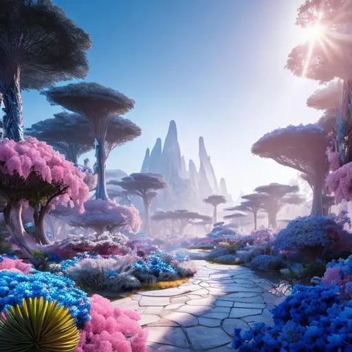 Prompt: view of monumental alien city in the middle of jungles of strange light (blue trees) and blue ,pink,white and blue flowers ,blue cian grass, surreal and unique prehistoric white araucaria,volumetric light, organic forms ,clear image,lights,photorealistic,hyper realistic,ultra detailed, concept art, octane render,cloudy sky, sun rays,sunlight, wide angle lens, mint color,8k