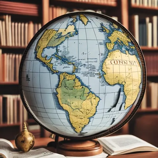 Prompt: The  globe with illustration of the 
 Continent in a library 