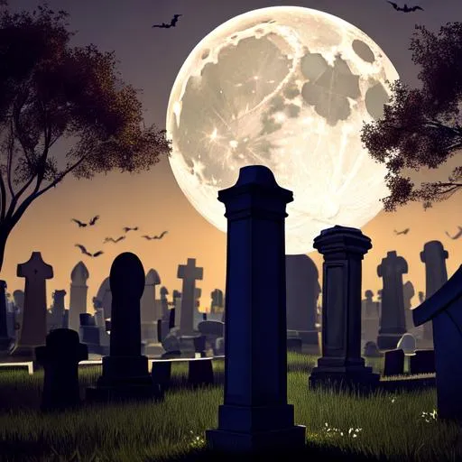 Prompt: high-res, quality upscaled image, perfect composition, 18k composition, 16k, 2D image, cell shaded, features, graveyard, cemetery, bird's eye view, overhead graveyard, graveyard fantasy, spooky cemetery, nighttime, spooky, cemetery, bones, skeleton, scary, gravestones, worn down, old, tathered, moon out, bats, vampire bats, ghosts, bats in sky