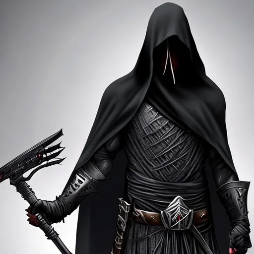 Prompt: Black hooded assassin with caption S.A