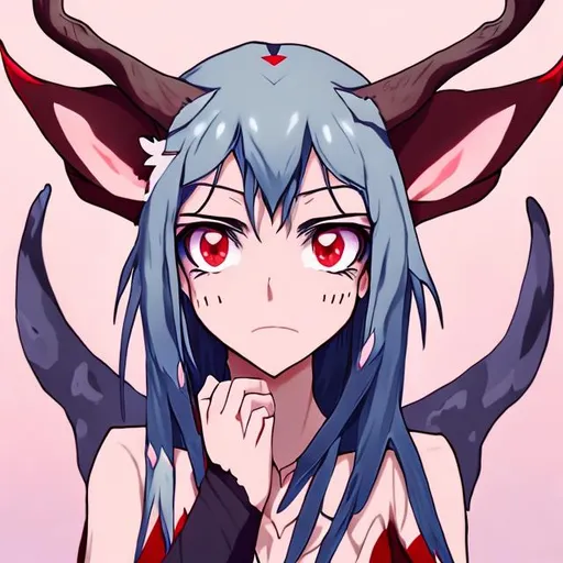 pointy ears, red eyes, blue skin, antlers, anime, pr