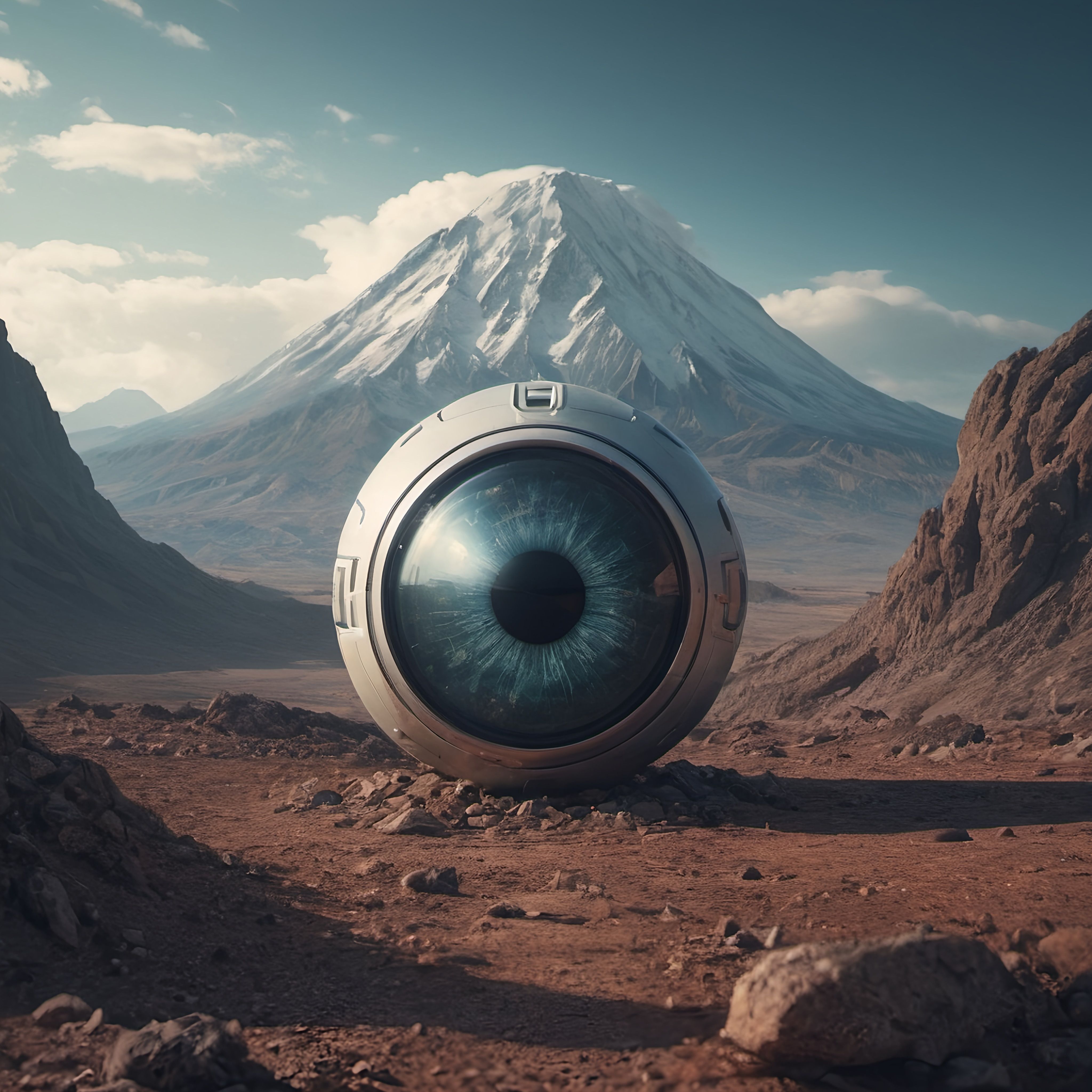 Prompt: a large art object with a large eyeball in the middle of a desert area with a mountain in the background