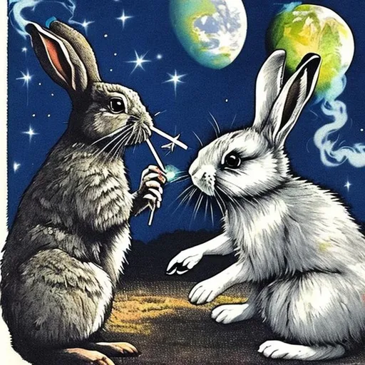 Prompt: The moon sits and smokes a cigarette while looking at the earth, and a rabbit looks at it from the side