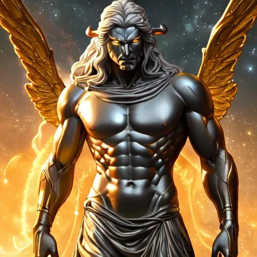 Prompt: full torso, stone statue of man, made of gray stone, horns, long flowing golden hair, star eye on forehead, glowing golden eyes, glowing wings, holding the sun, majestic flowing robes, floating in outer space, galaxy scene, photorealistic, artstation, unrealistic engine 4k, ultra hd, masterpiece