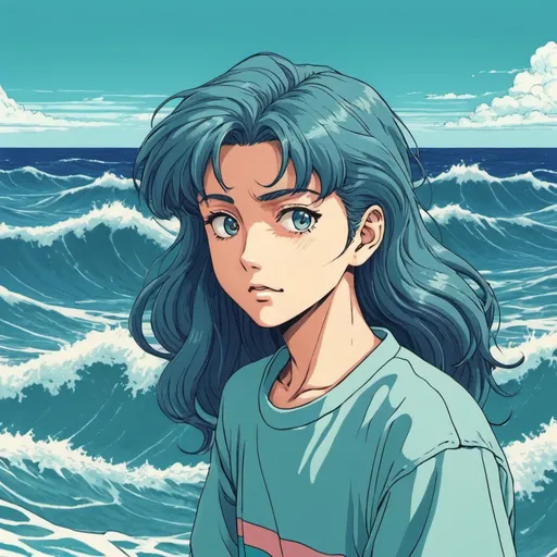 Prompt: 90's anime, ocean waves, hand-drawn, filter grain, low saturation