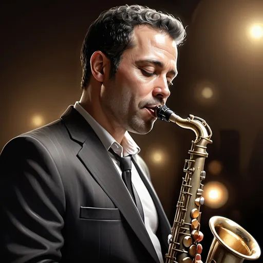 Prompt: Realistic image of a 40-year-old man playing saxophone, short black hair, regular fit, saxophonist, realistic style, detailed facial features, expressive eyes, classic jazz musician, atmospheric lighting, detailed instrument, high quality, realistic, detailed, professional, atmospheric lighting, classic jazz, detailed facial features, expressive eyes, artistic realism, classic jazz musician, atmospheric lighting